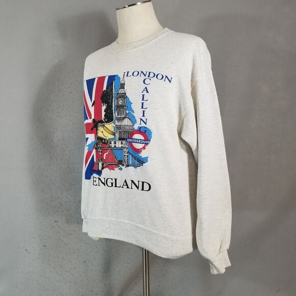 vintage London Calling sweater sweatshirt medium gray long sleeve '80s flawed - Picture 6 of 9